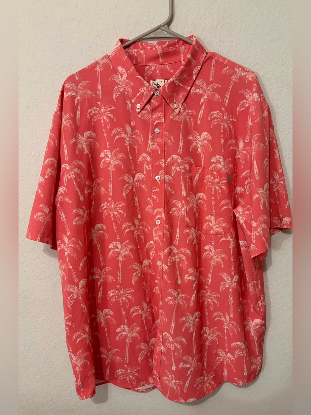Huk Button Shirt Men 2XL Pink Palm Tree SS Fishing Performance Stretch.